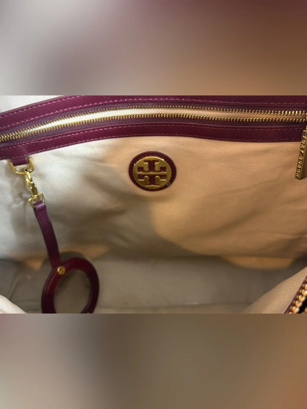 Tory Burch Burgundy Pebbled Leather Tote Gold Hardware Zip Top Bag